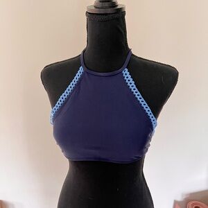 Aerie Navy Blue High Neck Bikini Top w Blue Lace Trim - S